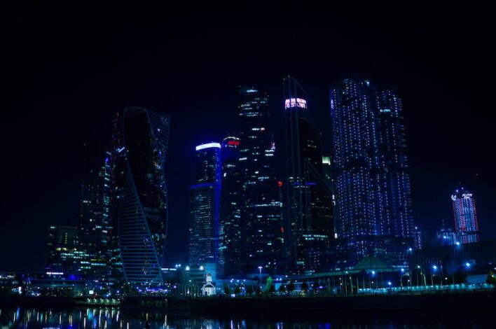 Moscow city skyline at night.