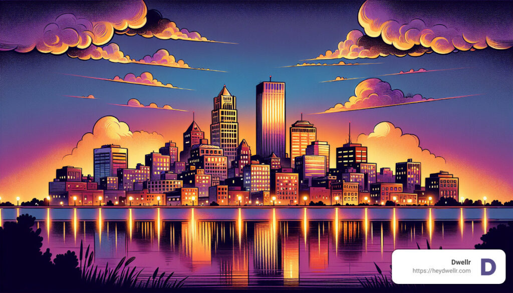 An illustration of a city skyline at sunset.
