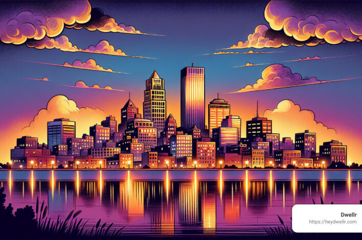 An illustration of a city skyline at sunset.