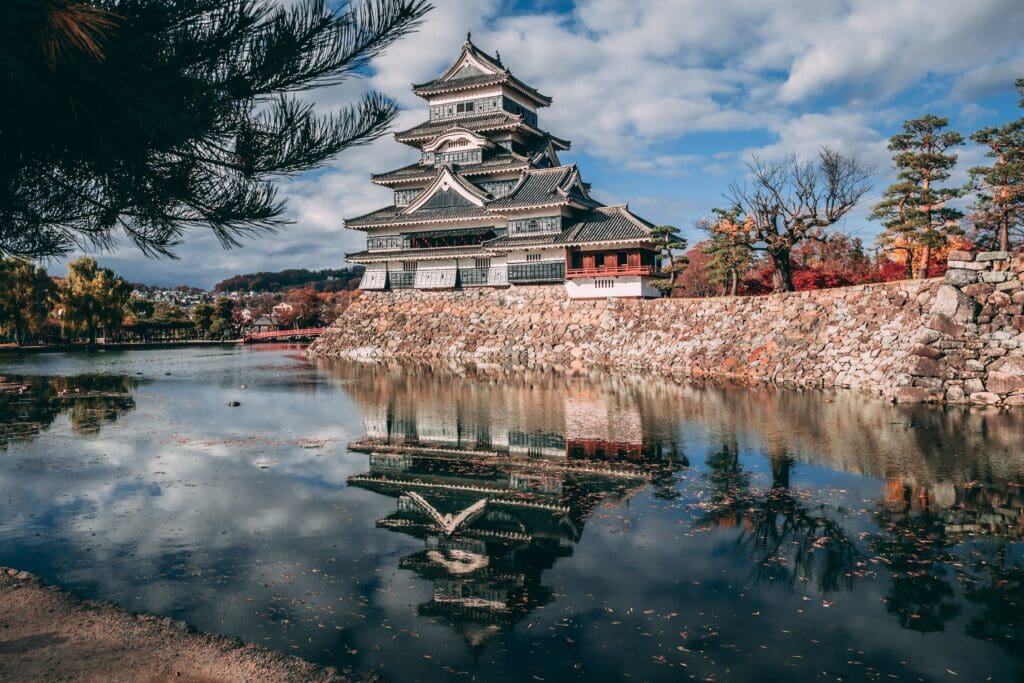 A japanese castle reflected in a pond.